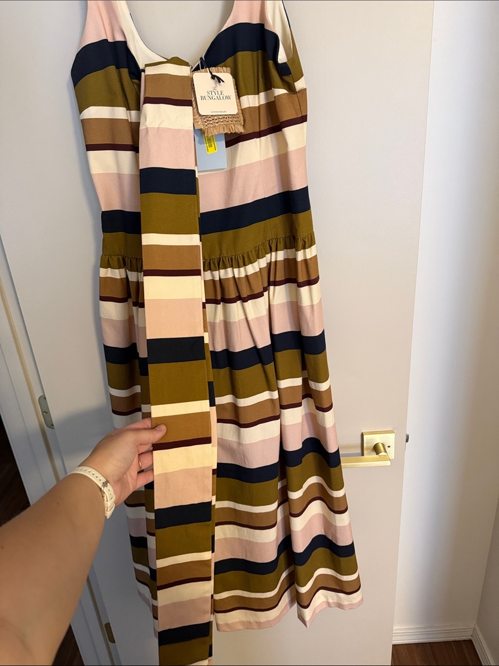 ANTONIO MELANI Chartreuse Navy Cream Striped Sleeveless Midi Dress - Picture 5 of 5